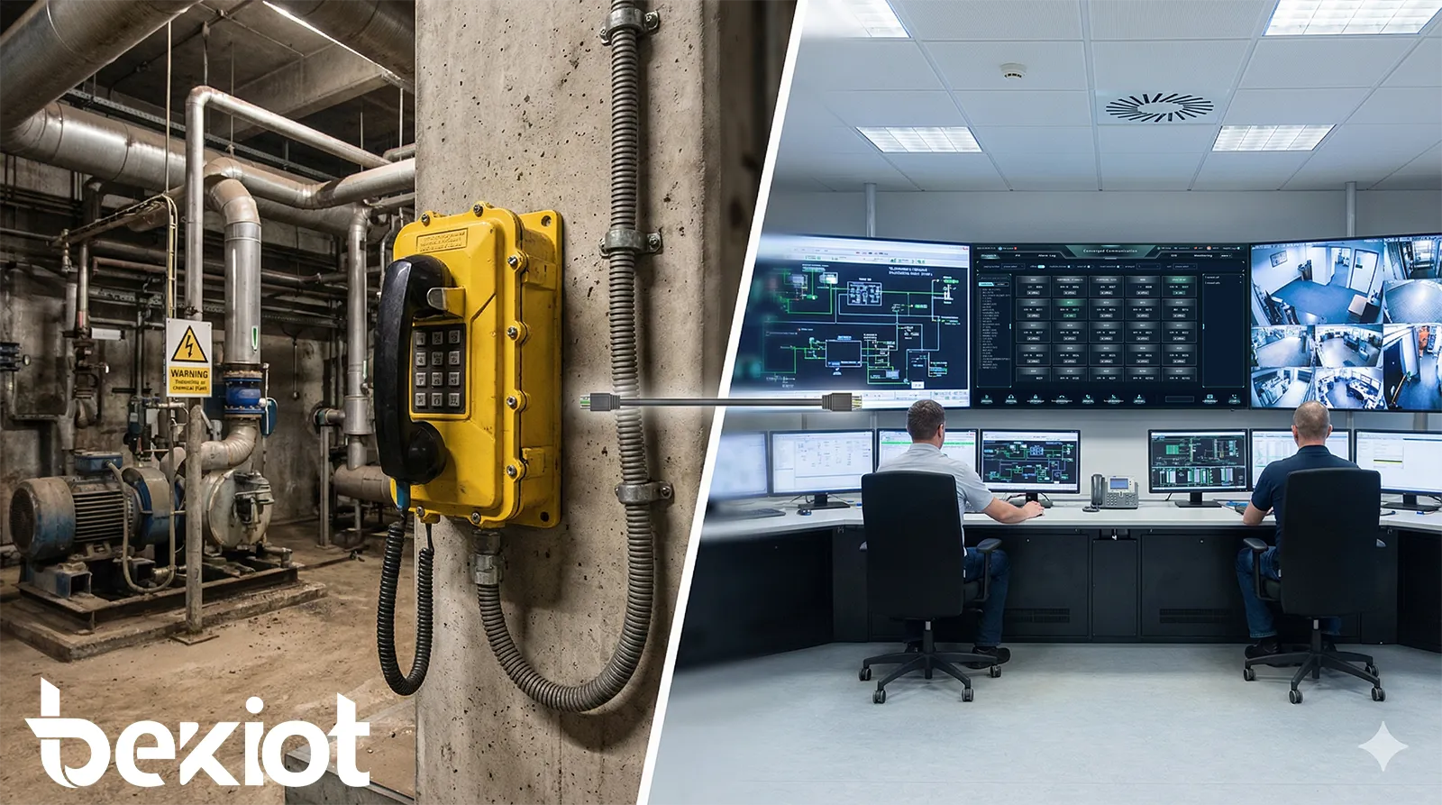 Telefone à prova de explosão ligado a uma sala de controle central em uma planta industrial