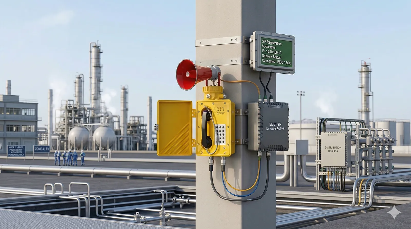 Telefone SIP à prova de explosão conectado a uma rede de comunicação industrial IP