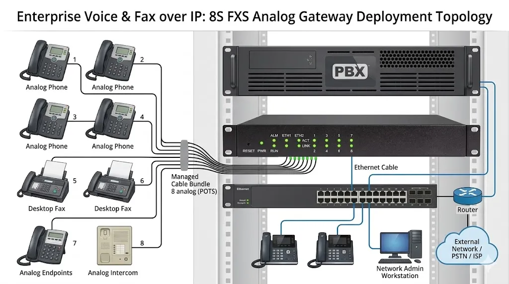 Gateway analógico 8S implantado com telefones analógicos, aparelhos de fax e IP PBX