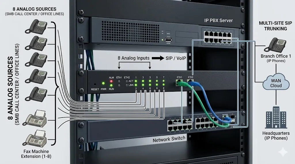 Gateway analógico 8S para implantações analógico para SIP em PMEs, centros de atendimento e multi-locais