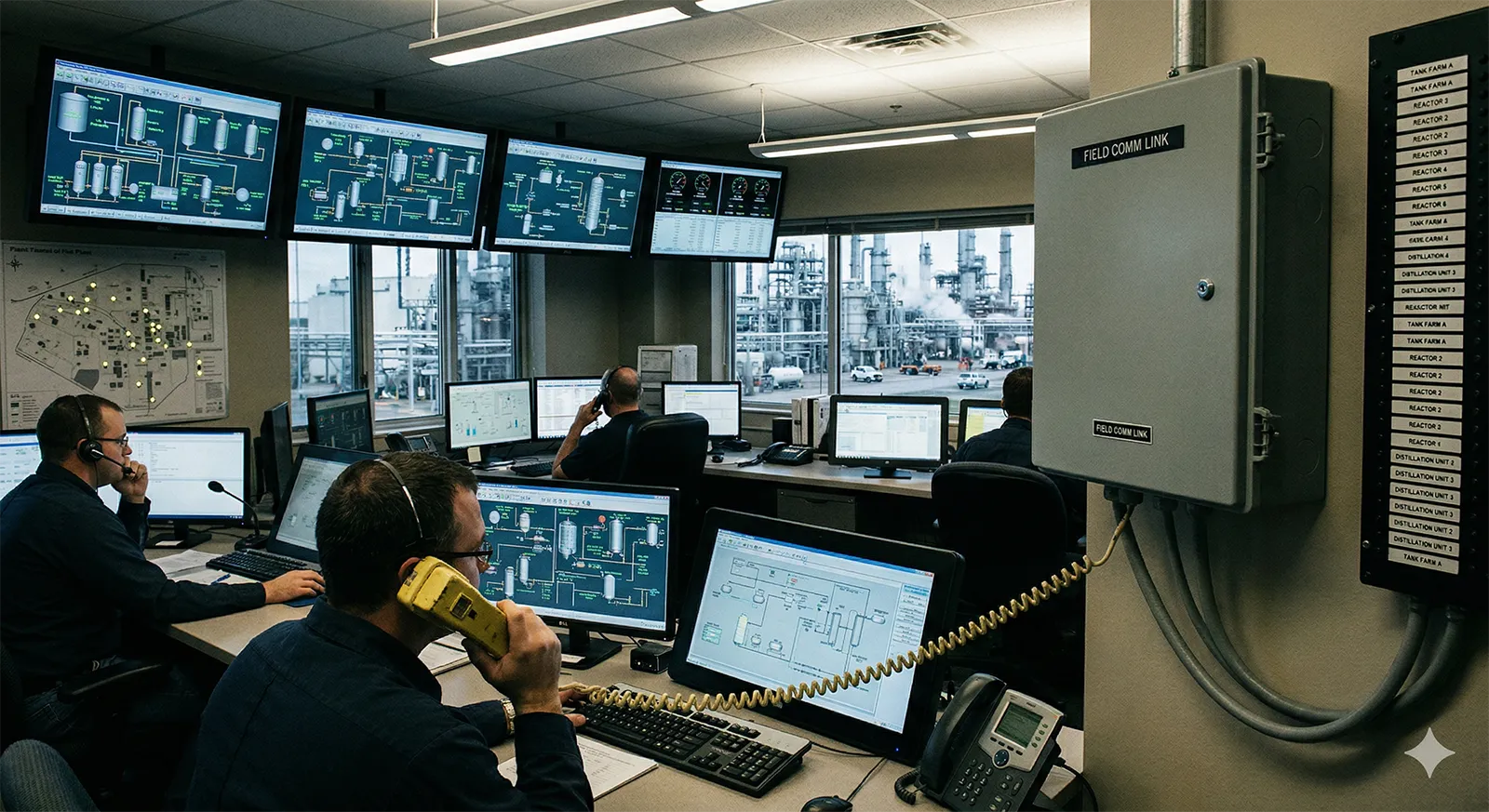 Fluxo de comunicação da sala de controle conectado a telefones de campo em uma instalação petroquímica
