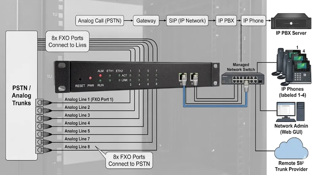 Vista frontal do Gateway FXO IPGA-80 para integração de tronco analógico e rede SIP