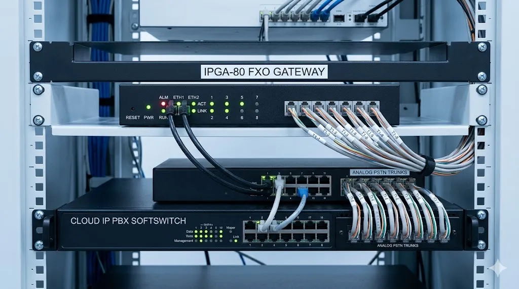 Gateway FXO IPGA-80 conectado a IP PBX, softswitch e linhas tronco analógicas
