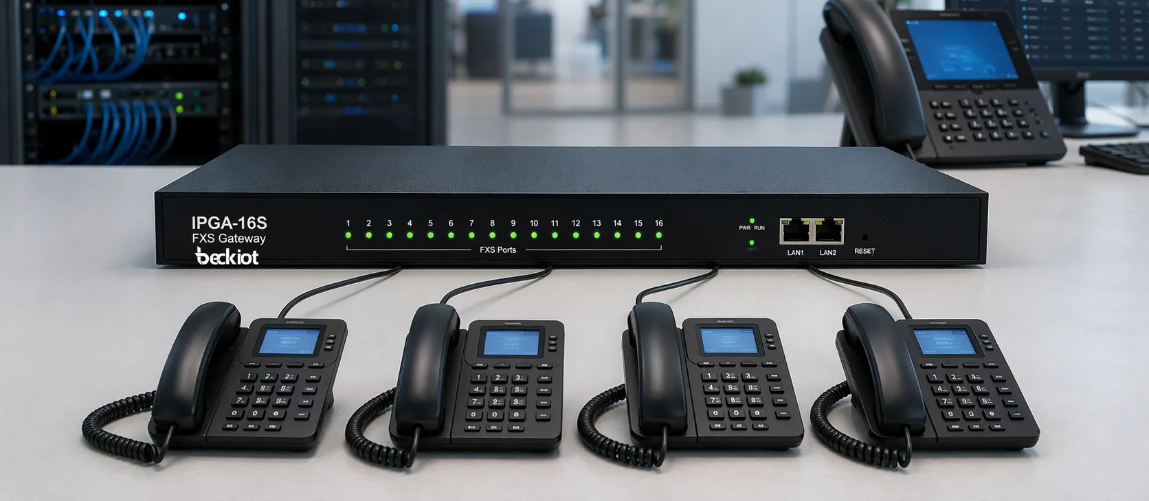 Gateway FXS IPGA-16S conectado a telefones analógicos e plataforma IP PBX