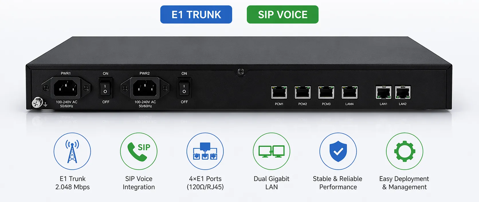 Vista frontal do gateway de tronco IPGA-1E1 para integração de tronco E1 e voz SIP