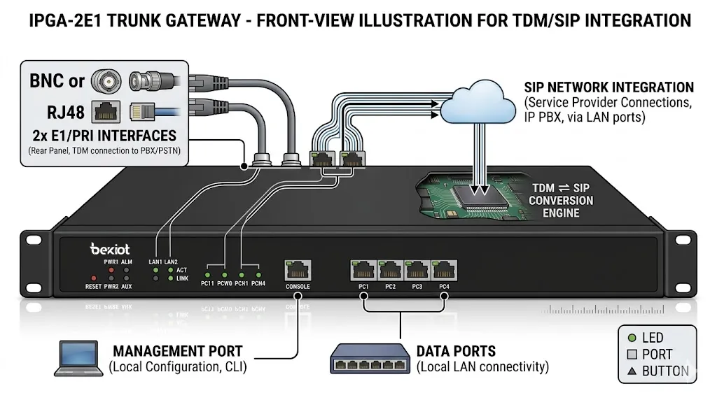 Vista frontal do gateway de tronco IPGA-2E1 para integração de tronco 2E1 e rede SIP