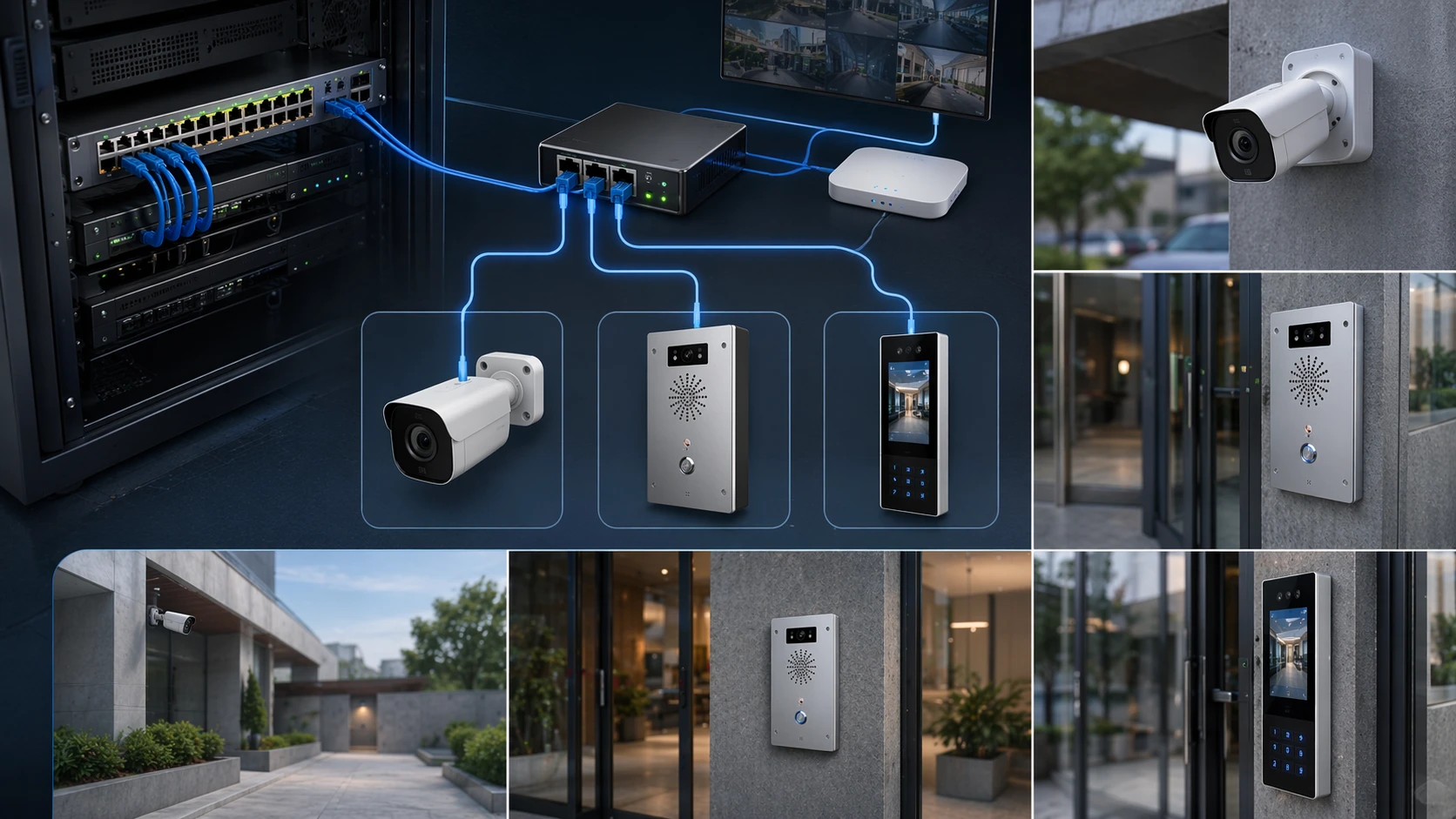 PoE IEEE 802.3af usado para câmera IP, terminal de interfone e dispositivo de controle de acesso em uma instalação