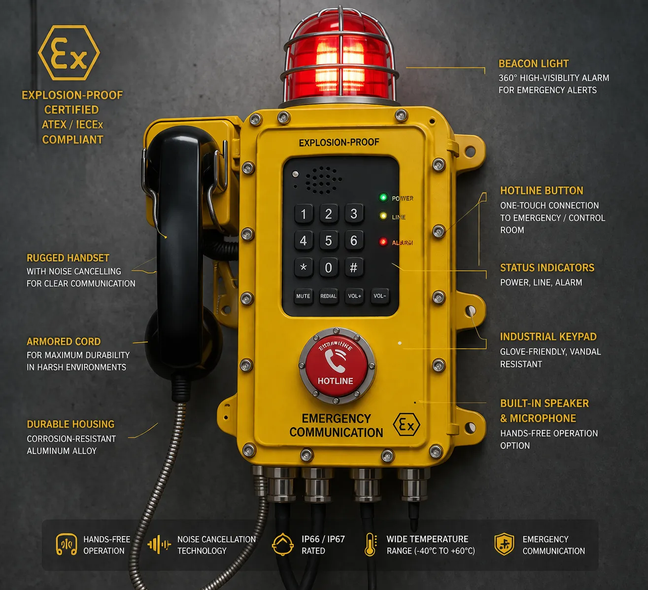Telefone à prova de explosão com luz de sinalização botão de hotline e recursos de comunicação industrial de emergência