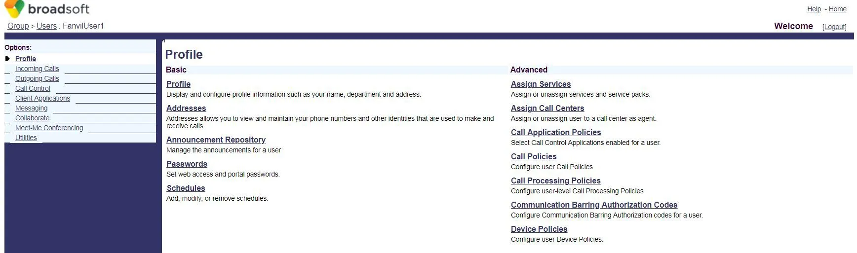 Página de Configuração de Usuário