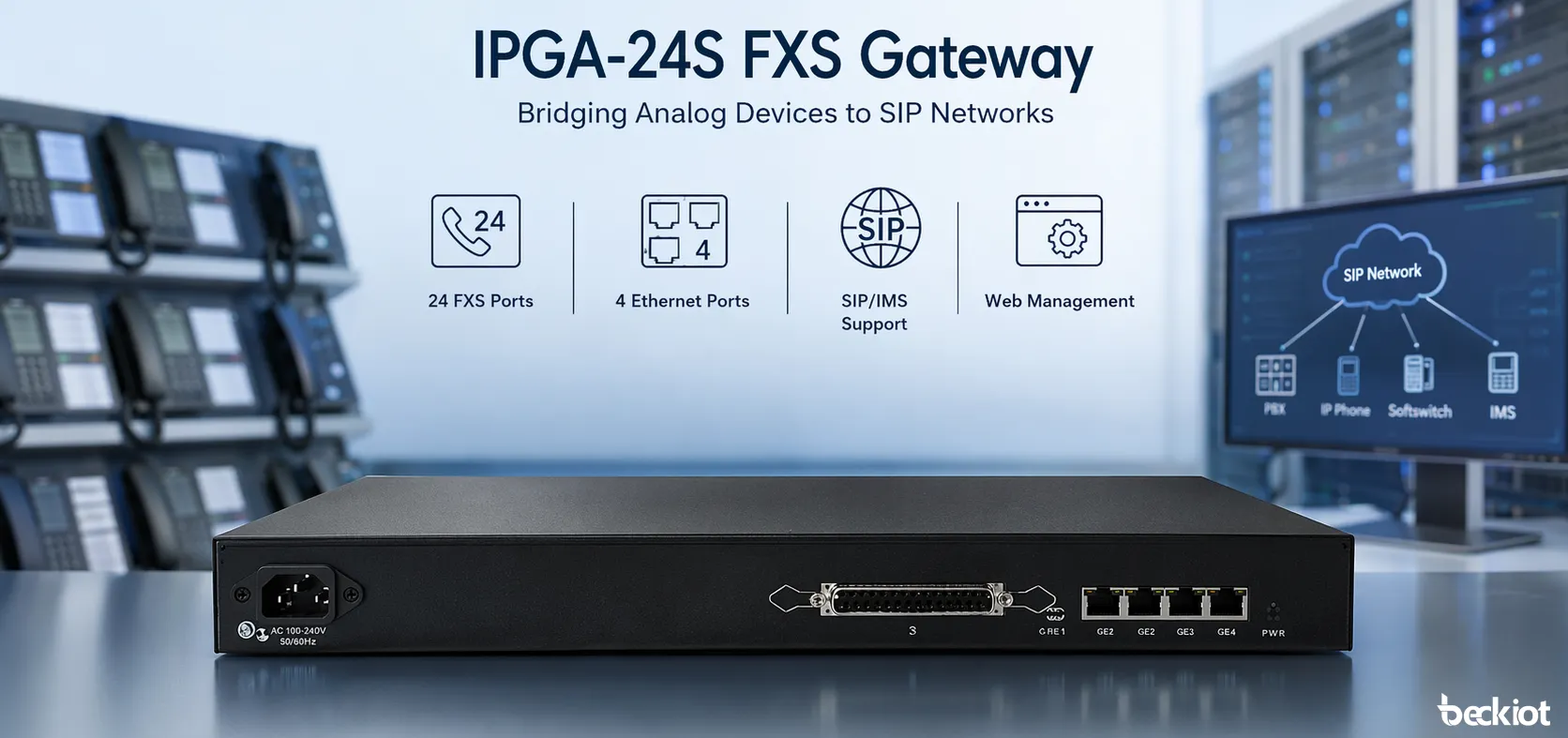Gateway FXS IPGA-24S utilizada em cenários de rede de voz SIP e migração analógica