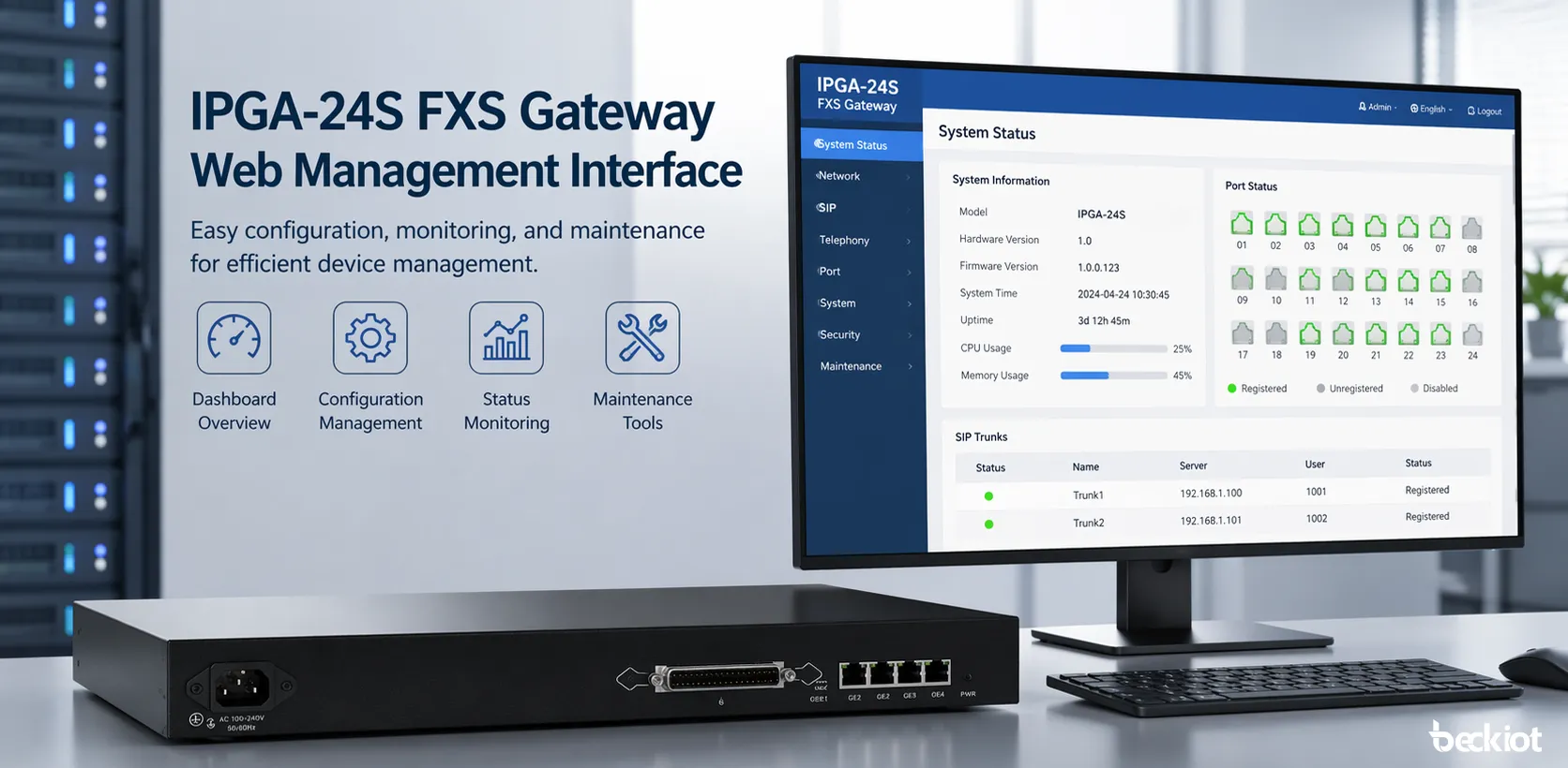 Interface de gestão web da Gateway FXS IPGA-24S para configuração e manutenção