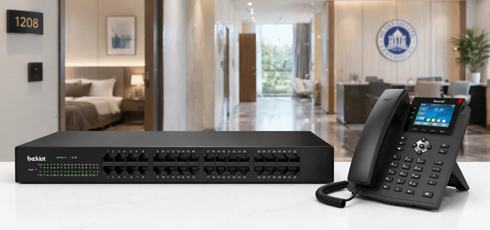 Gateway FXS IPGA-32S utilizado em implantações de telefones analógicos em hotéis, campi ou múltiplos quartos