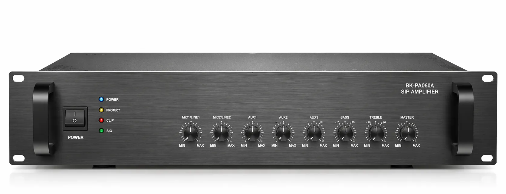 Vista frontal do amplificador SIP BK-PA60A em instalação rack de 19 polegadas