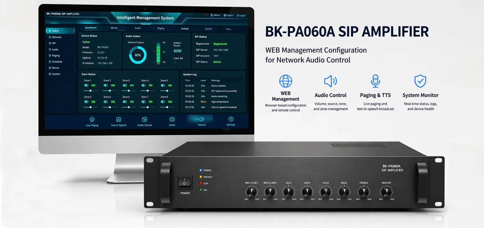 Amplificador SIP BK-PA60A com interface de configuração de gestão WEB para controle de áudio em rede