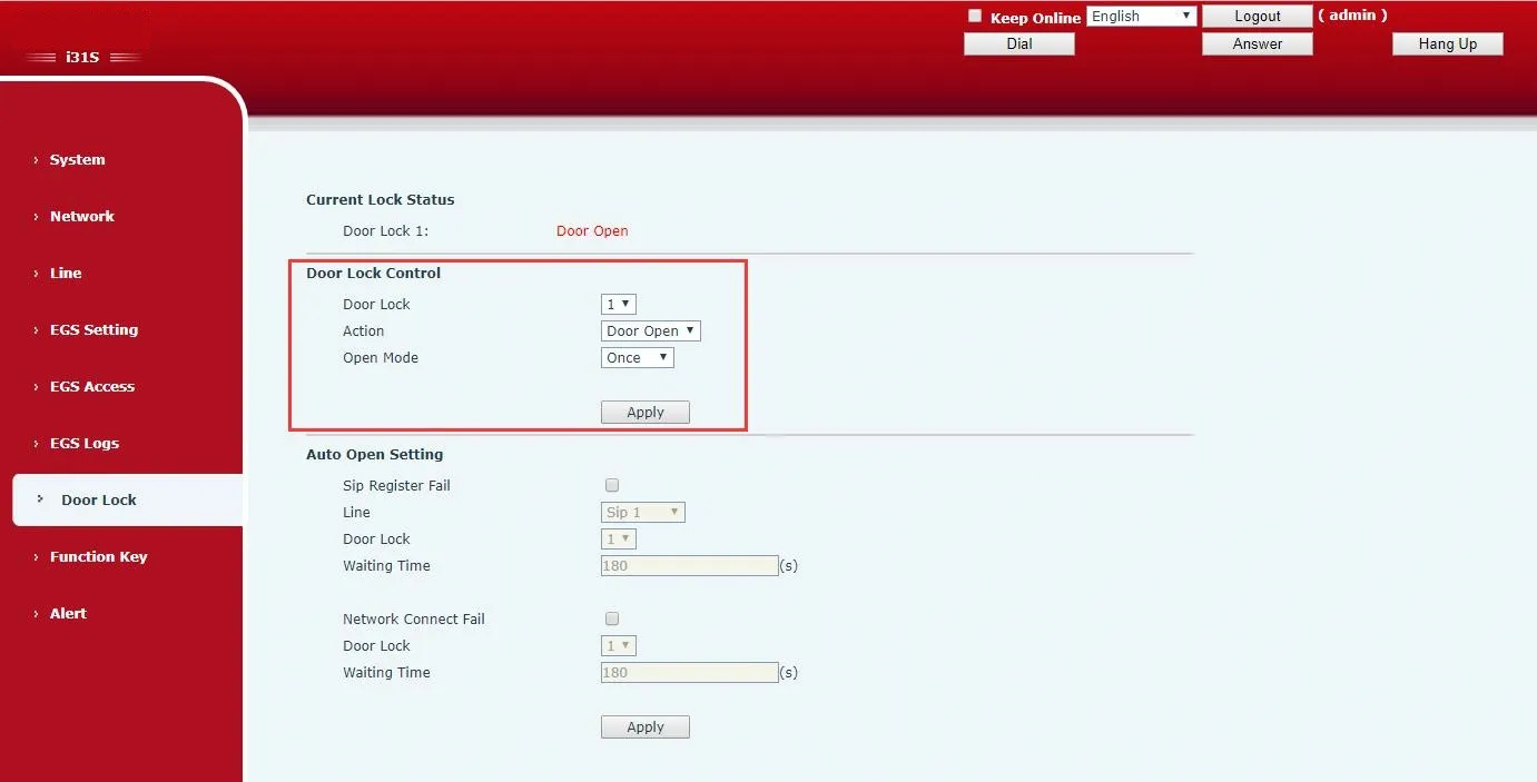 Interface de configuração de controle automático de porta
