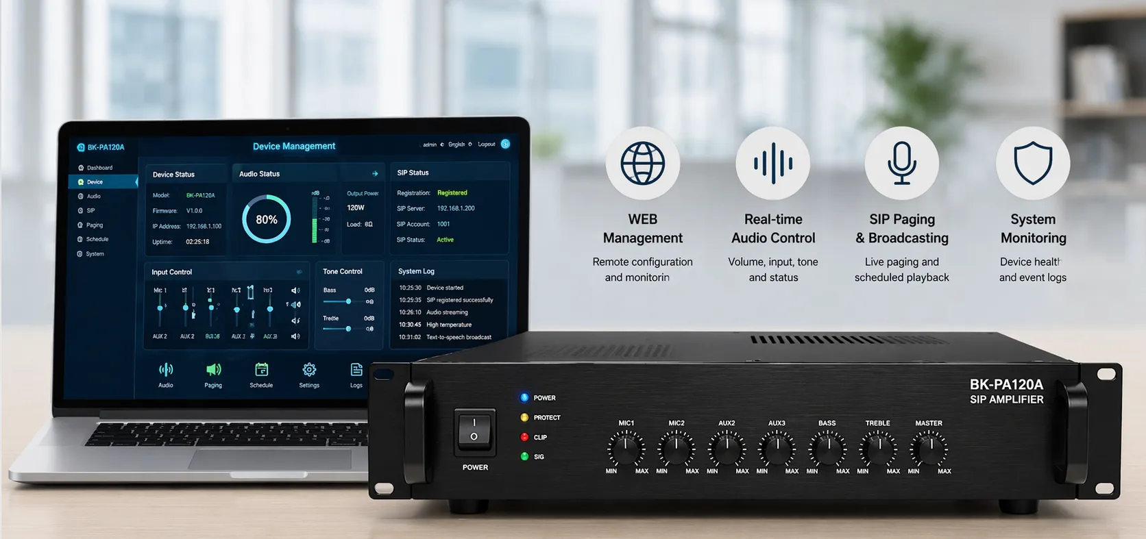 Amplificador SIP BK-PA120A com interface de gerenciamento WEB para configuração e monitoramento de áudio em rede