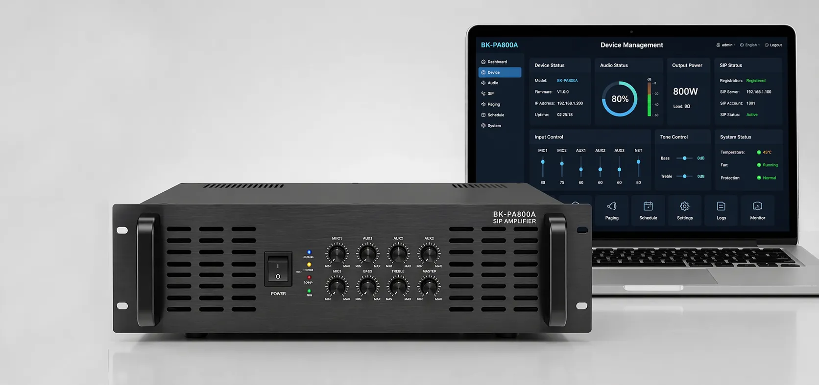 Amplificador SIP BK-PA800A com interface WEB para monitoramento e configuração de áudio em rede
