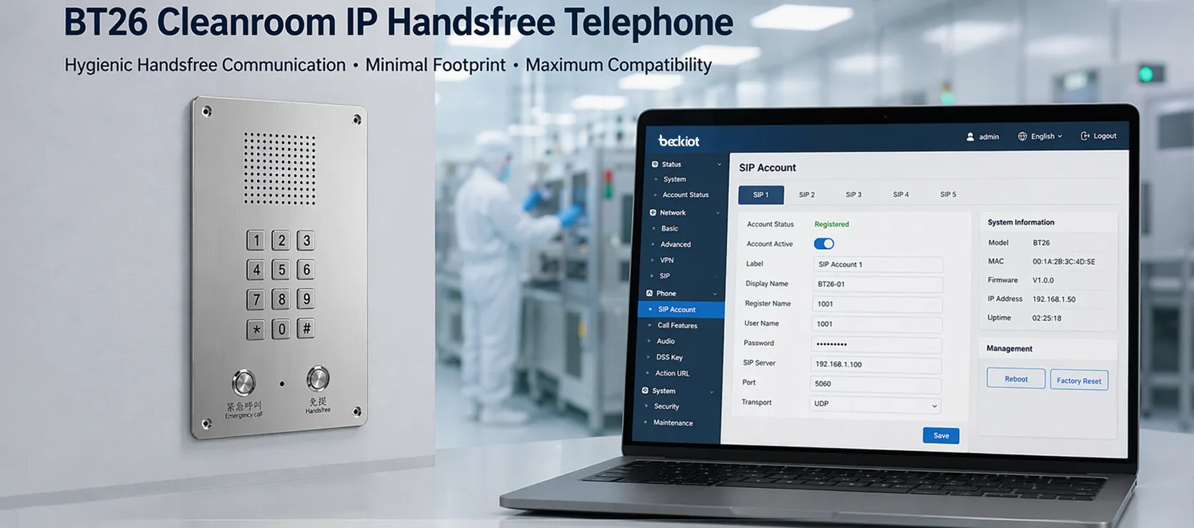 Telefone IP viva-voz para salas limpas BT26 com configuração SIP baseada na web e interface de gerenciamento remoto
