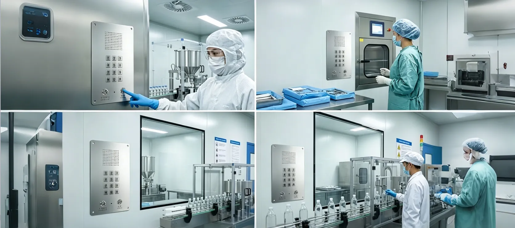 Telefone IP viva-voz para salas limpas BT26 instalado em um ambiente farmacêutico, médico ou de sala limpa alimentar