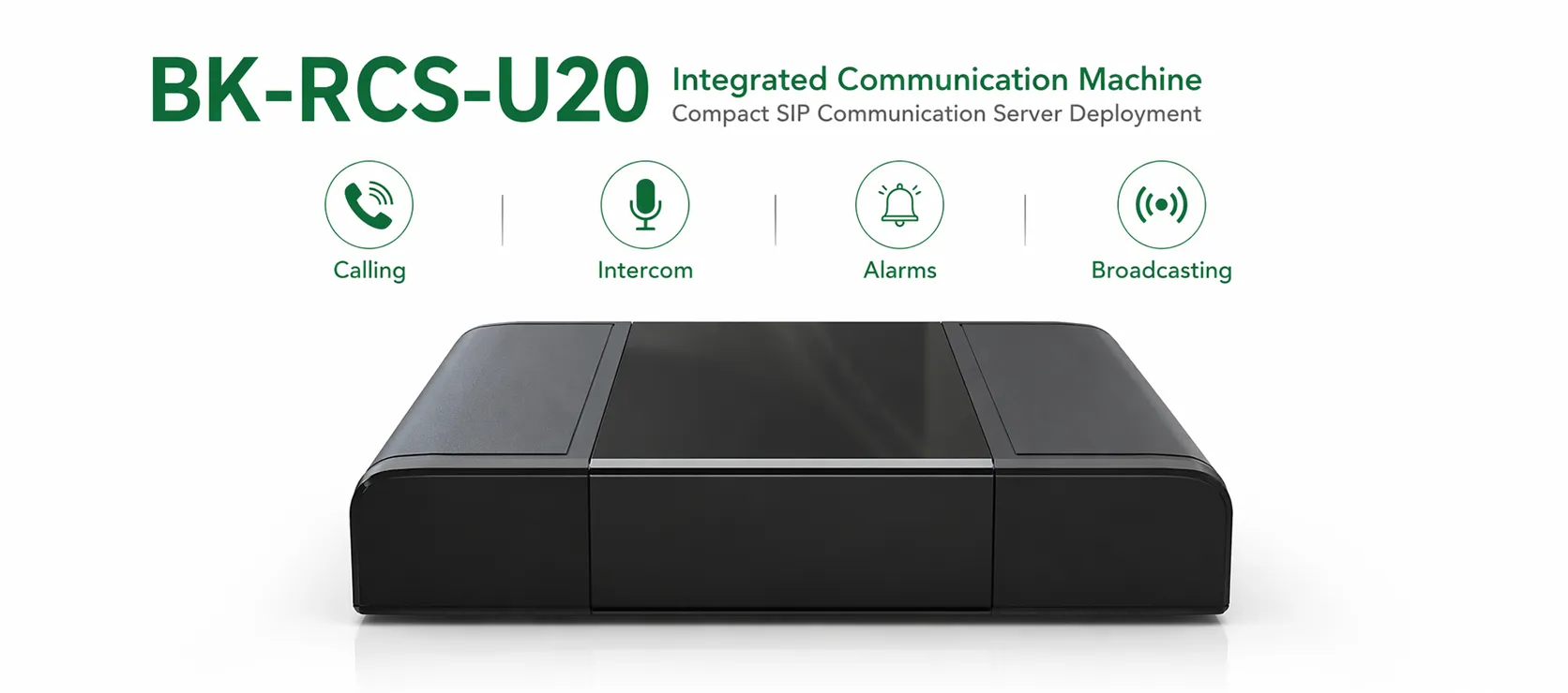 Vista frontal da máquina de comunicação integrada BK-RCS-U20 numa implementação compacta de servidor de comunicação SIP