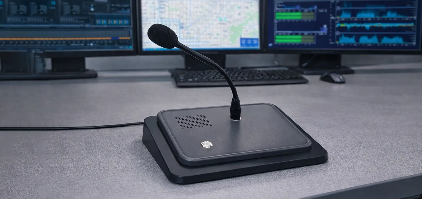 Microfone SIP sem teclado GP100 numa estação de difusão de ambiente de trabalho limpa