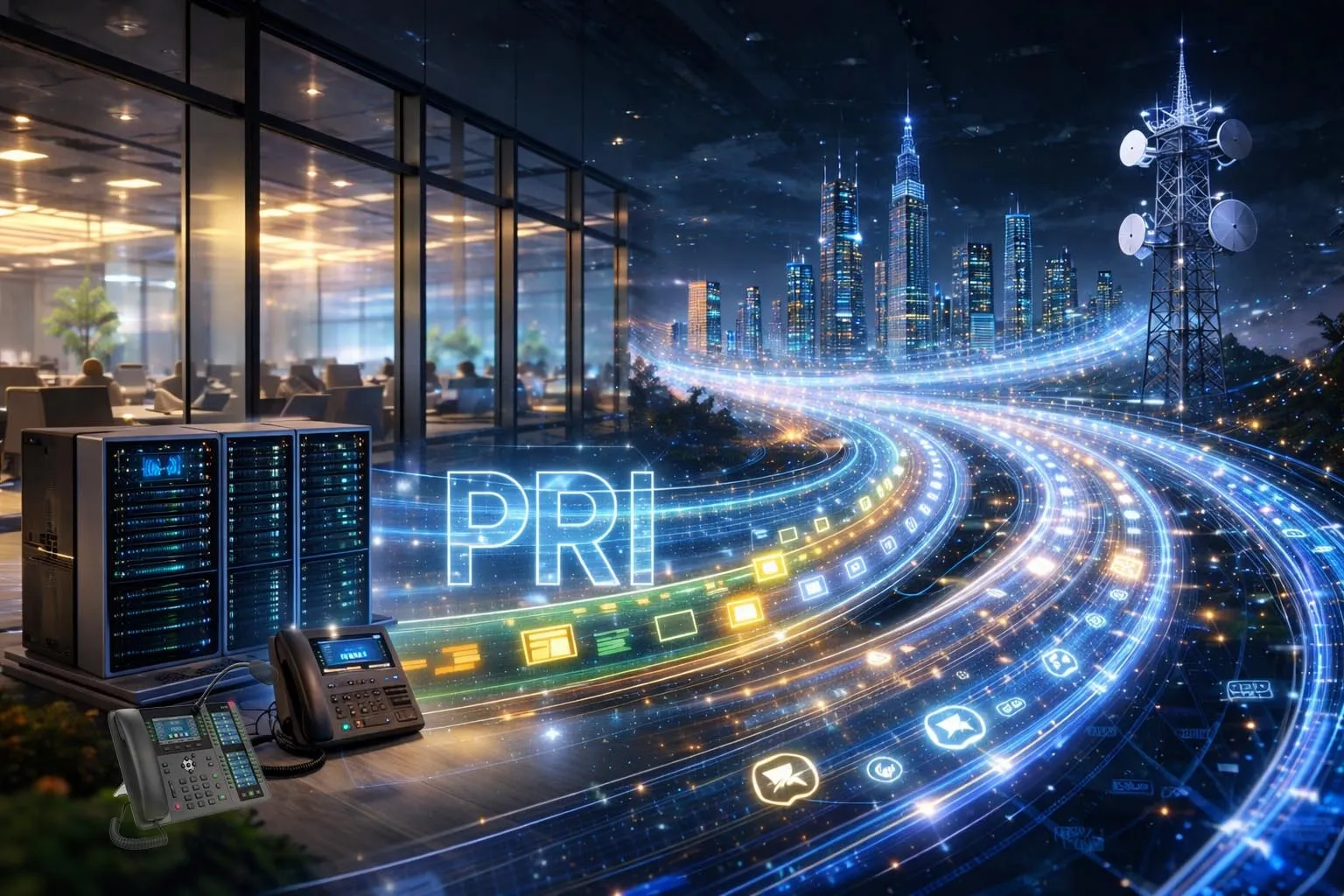 Primary Rate Interface conectando um PBX corporativo à rede da operadora por um tronco digital com vários canais de voz e um canal dedicado de sinalização