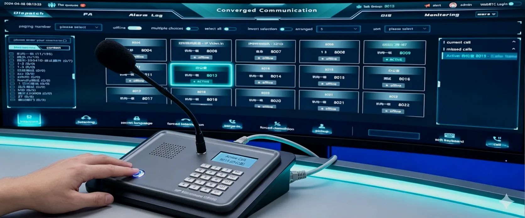 Microfone SIP GP100 conectado a um sistema de comunicação e paginação IP