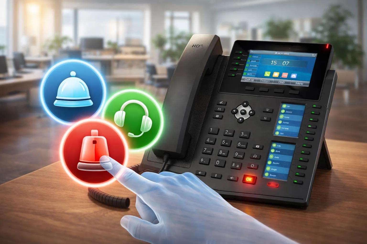 Teclas de telefone programáveis usadas para discagem rápida, linha direta, paginação e acesso rápido a serviços em um sistema de comunicação empresarial