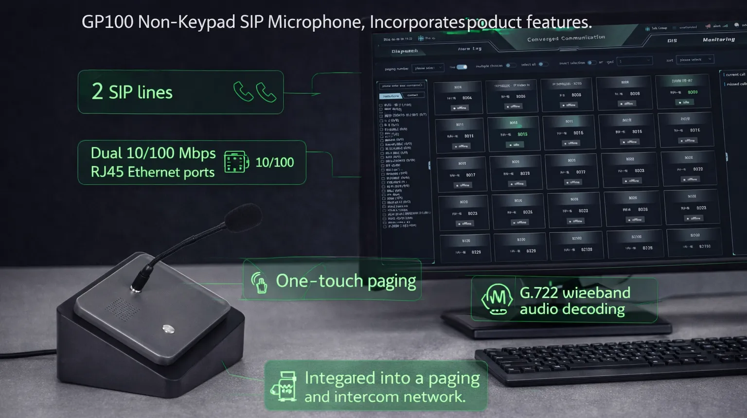 Microfone SIP sem teclado GP100 integrado numa rede de difusão e intercomunicador