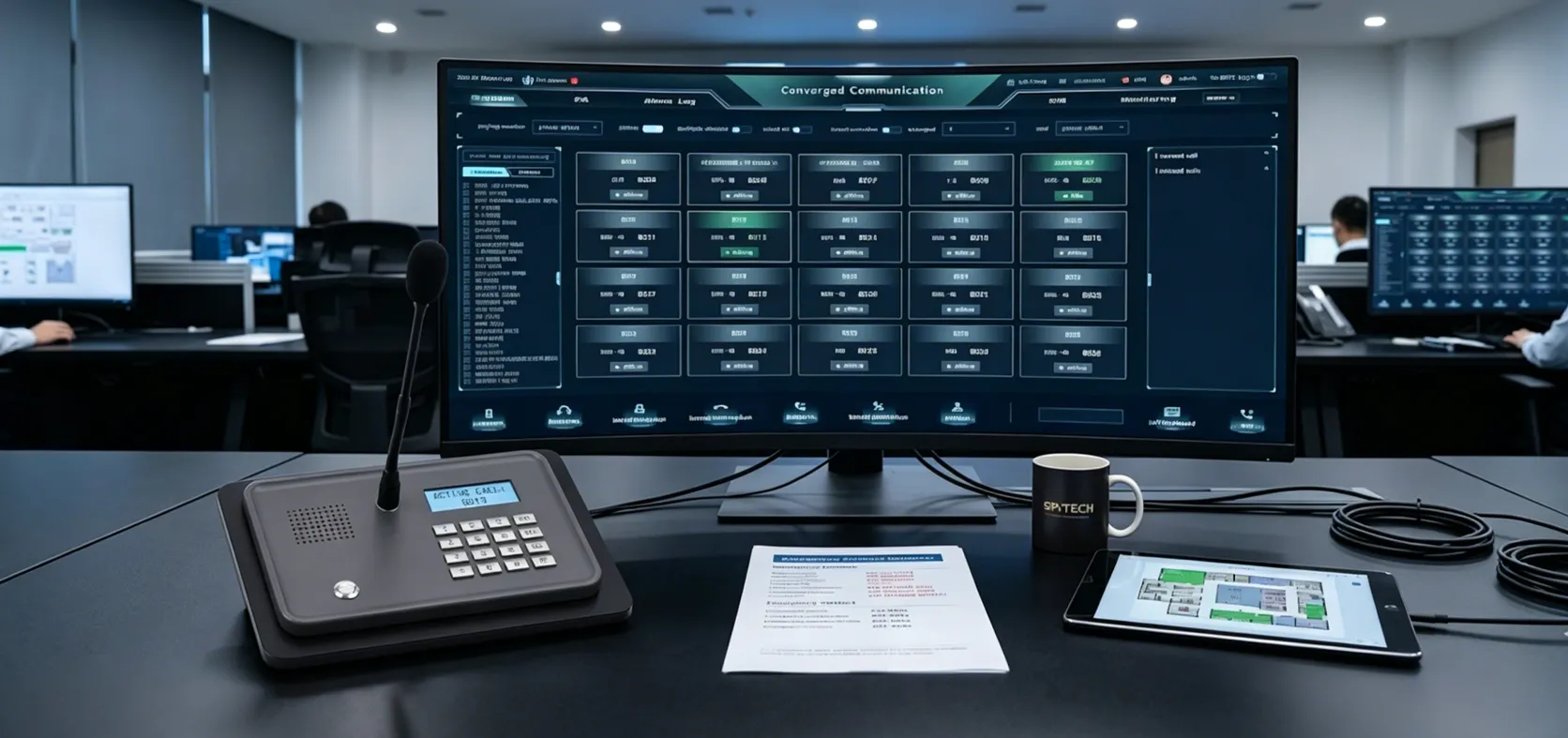 Microfone de avisos SIP GP100 com teclado em um posto fixo de operador de comunicação