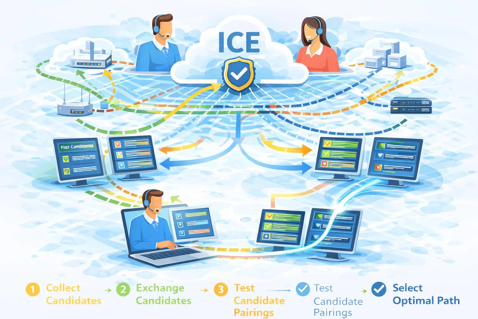 Coleta de candidatos ICE, troca, verificações de conectividade e nomeação entre candidatos host, reflexivos de servidor e de relé