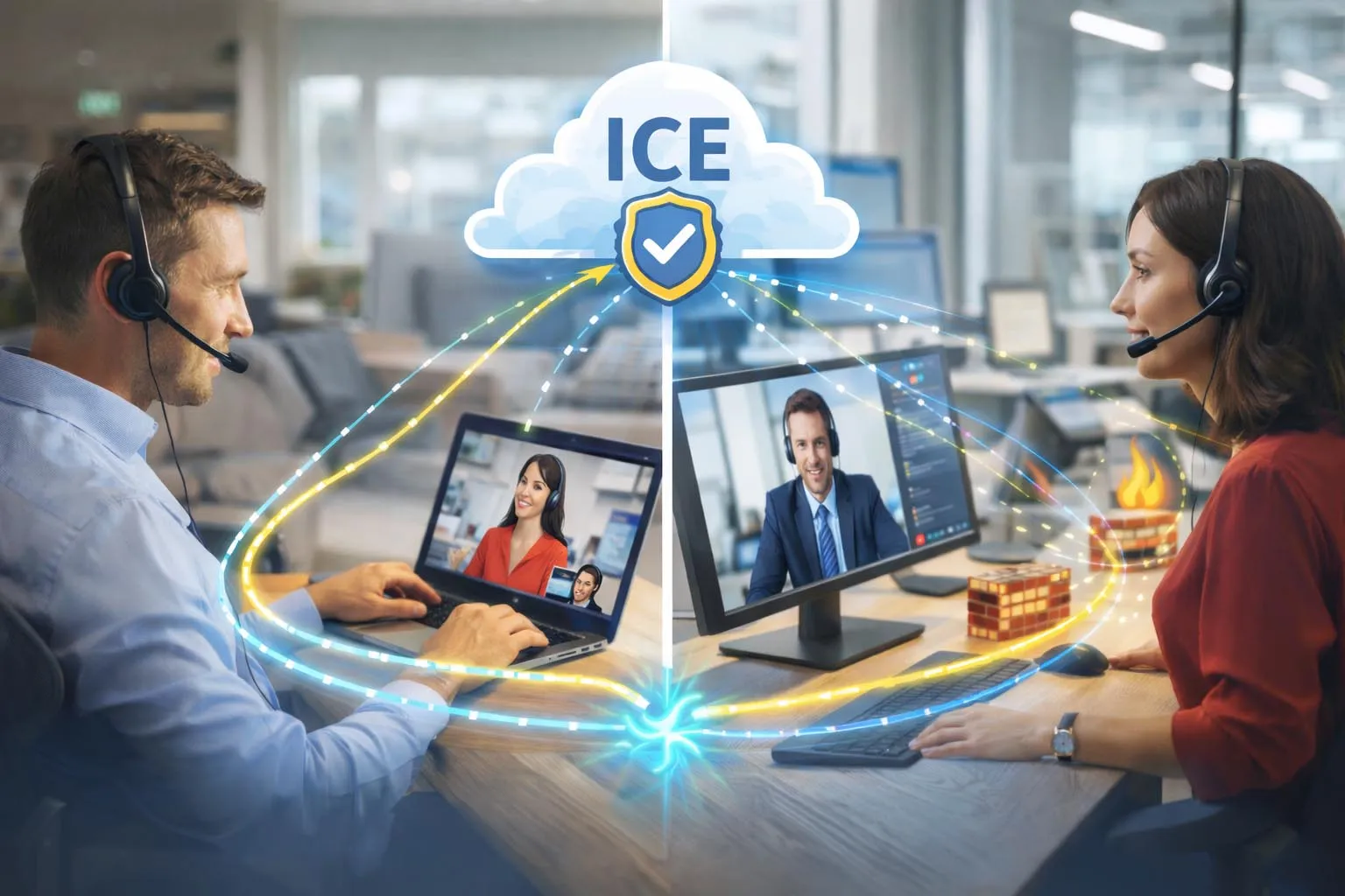 ICE usado em WebRTC, chamadas SIP, mídia em nuvem, colaboração por vídeo e comunicações de baixa latência em navegadores, dispositivos móveis e redes corporativas