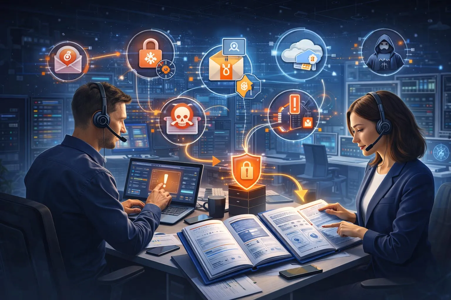 Arquitetura de resposta a incidentes empresarial conectando terminais, firewalls, sistemas de identidade, cargas de trabalho em nuvem, monitoramento de segurança e controles de recuperação coordenados