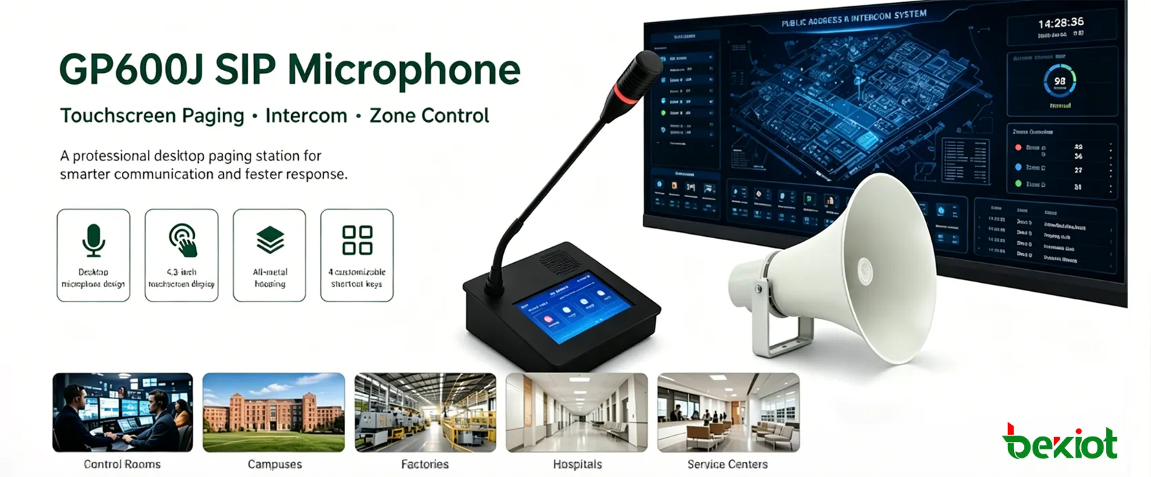 Microfone SIP GP600J usado em centro de comando para chamadas por tela touch e operação de interfone