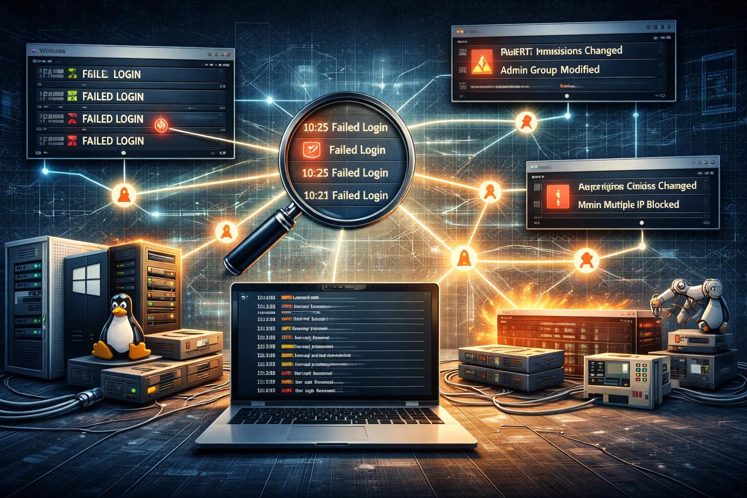 Equipes de segurança e operações revisando logs de eventos correlacionados de servidores endpoints firewalls e aplicações para identificar falhas anomalias e comportamento suspeito