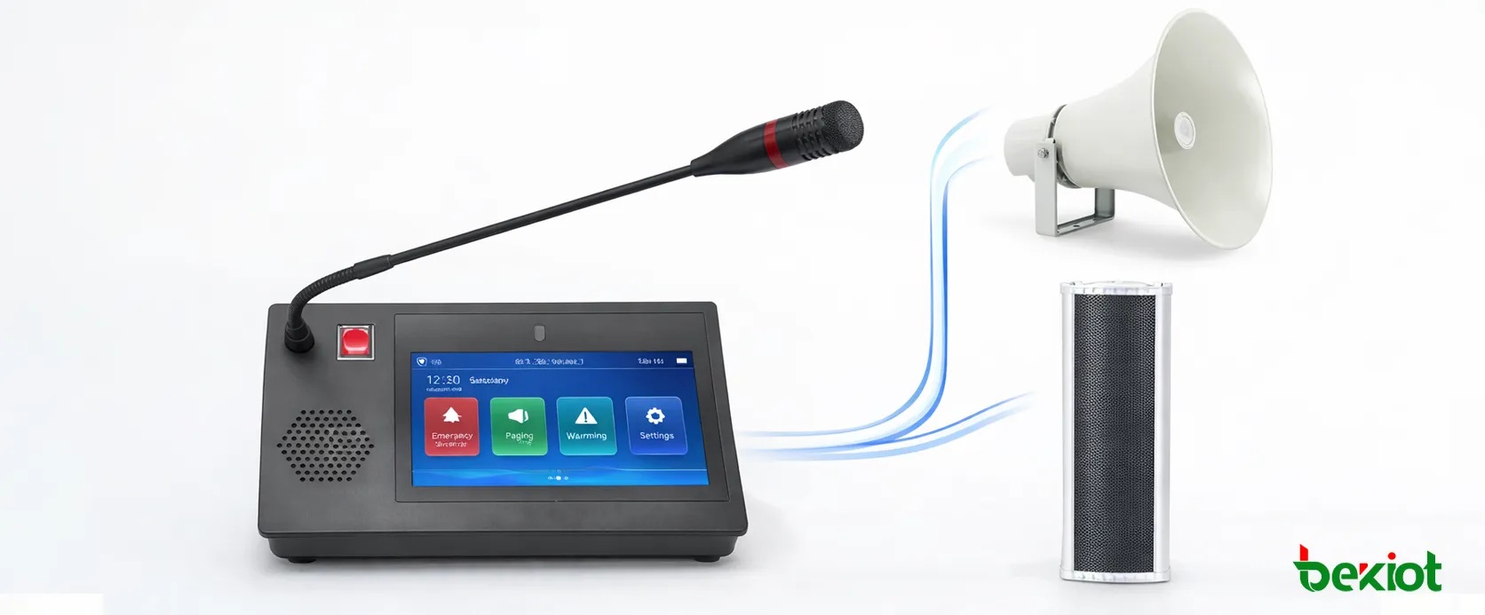Interface do microfone SIP GP600N para chamadas, seleção de partições e controle de interfone