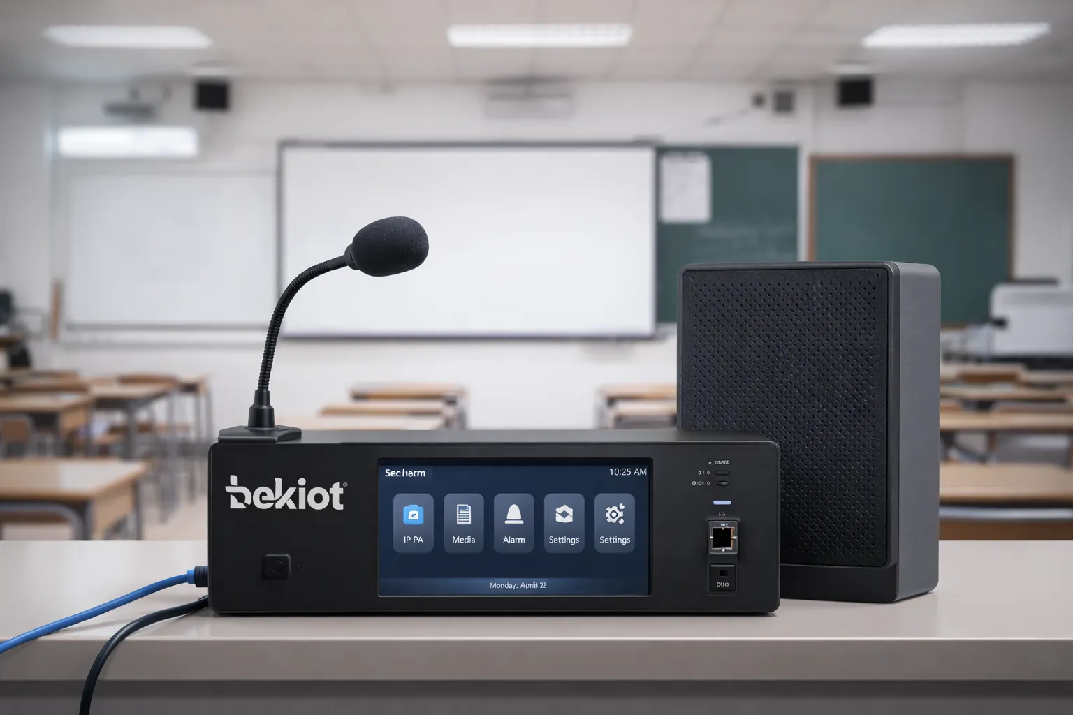 Terminal de radiodifusão em sala de aula com alto-falante e conexão de rede IP para programação de sinos e anúncios escolares