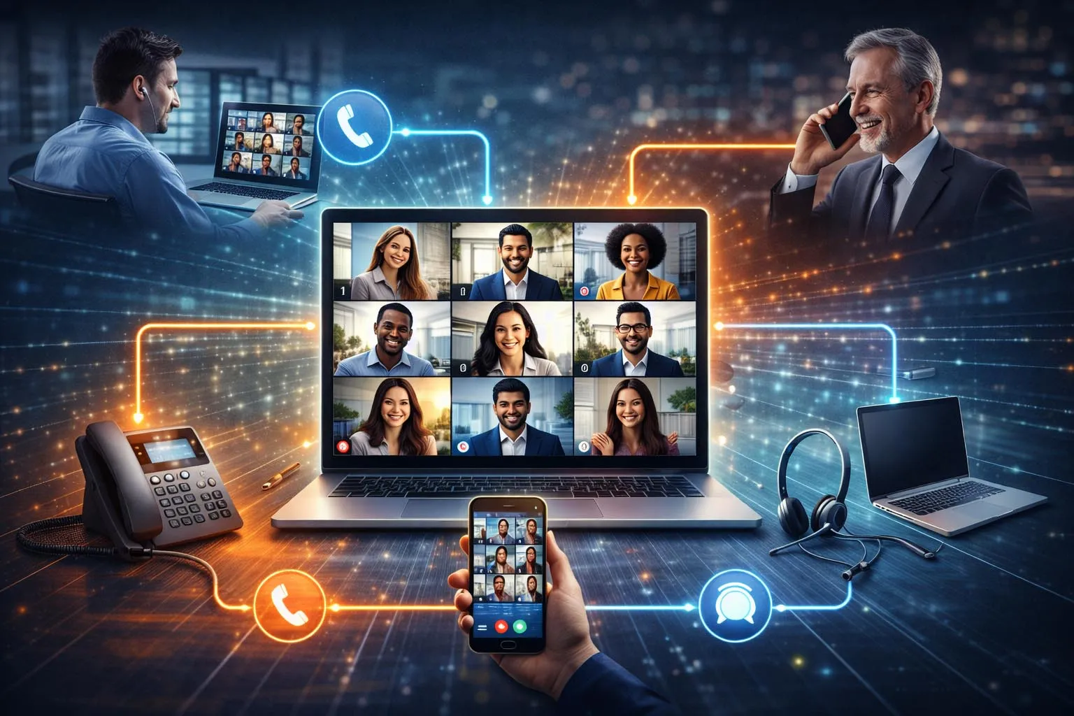 Fluxo de trabalho de chamada em conferência mostrando vários participantes se juntando à mesma sessão compartilhada através de telefones de mesa, clientes leves e números de discagem de entrada
