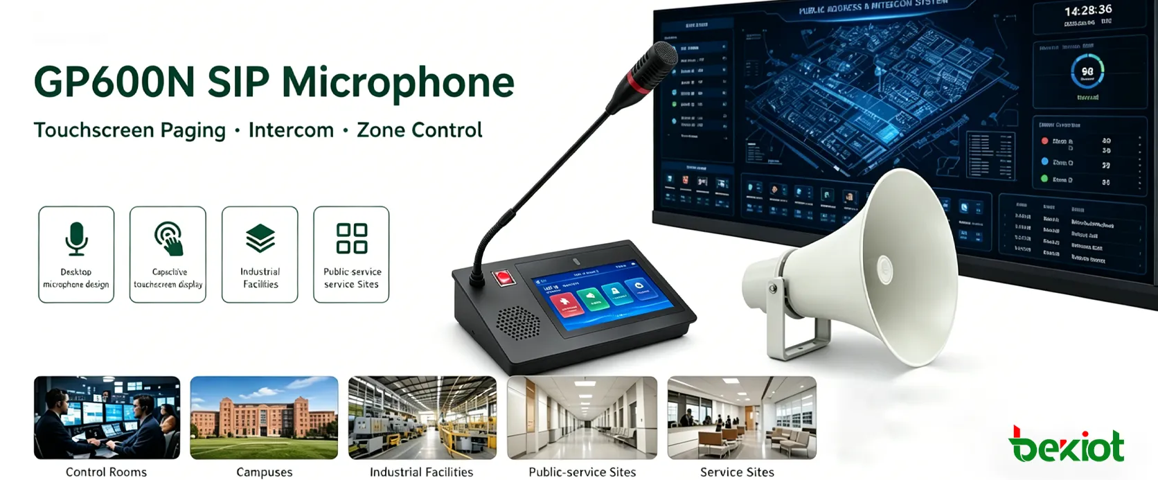 Microfone SIP GP600N usado em uma sala de controle para chamadas por tela touch e operação de transmissão de emergência