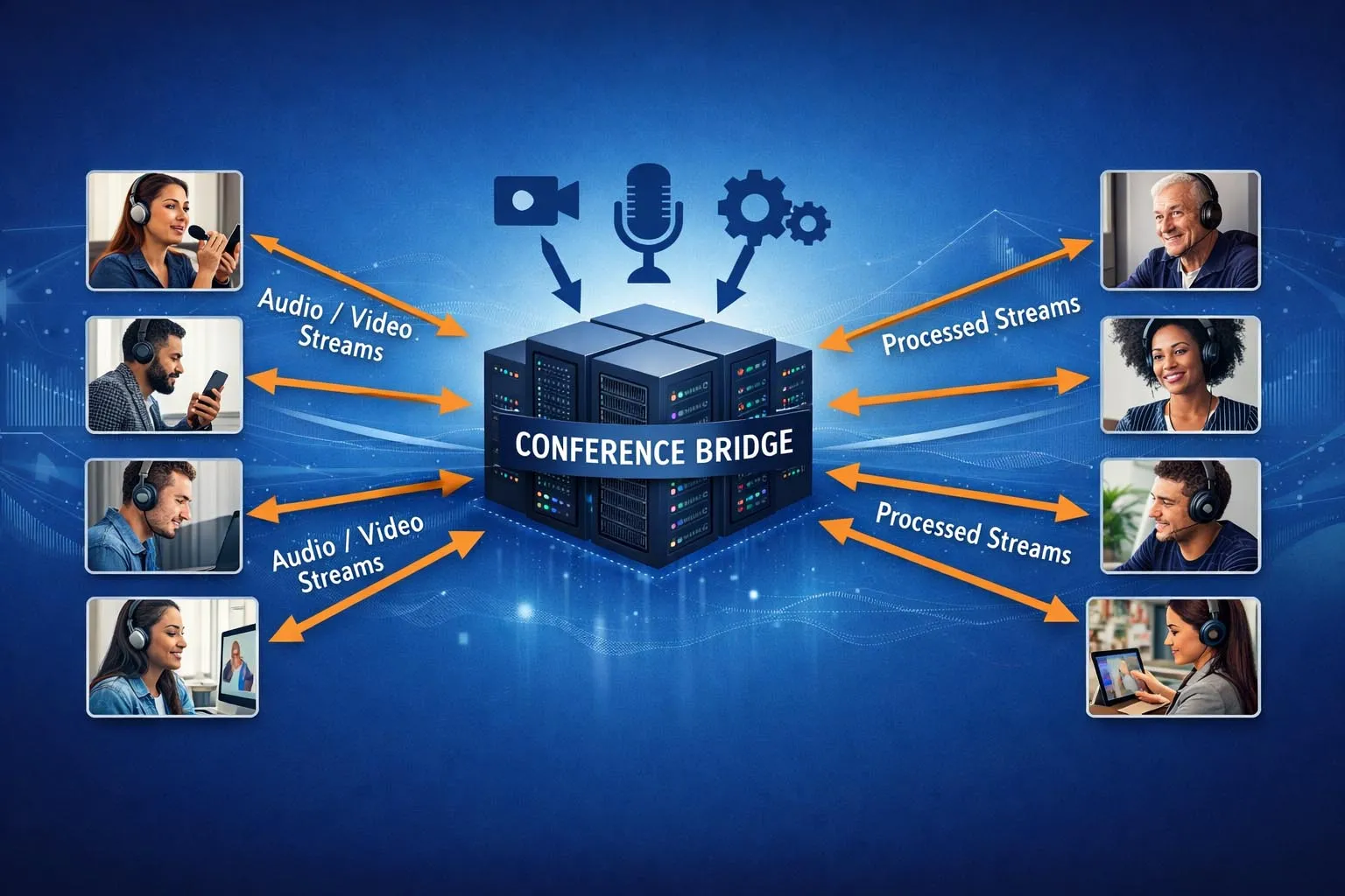 Ponte de conferência conectando vários telefones de mesa, clientes de software e chamadores externos em uma sessão de conferência compartilhada em redes de comunicações empresariais
