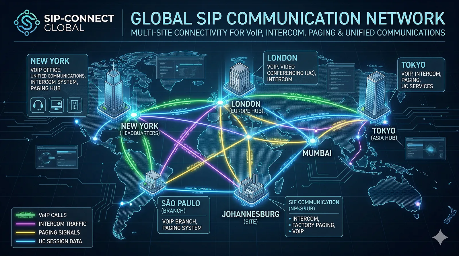 Rede de comunicação SIP global mostrando conectividade multisite para VoIP, interfone, paginação e comunicações unificadas