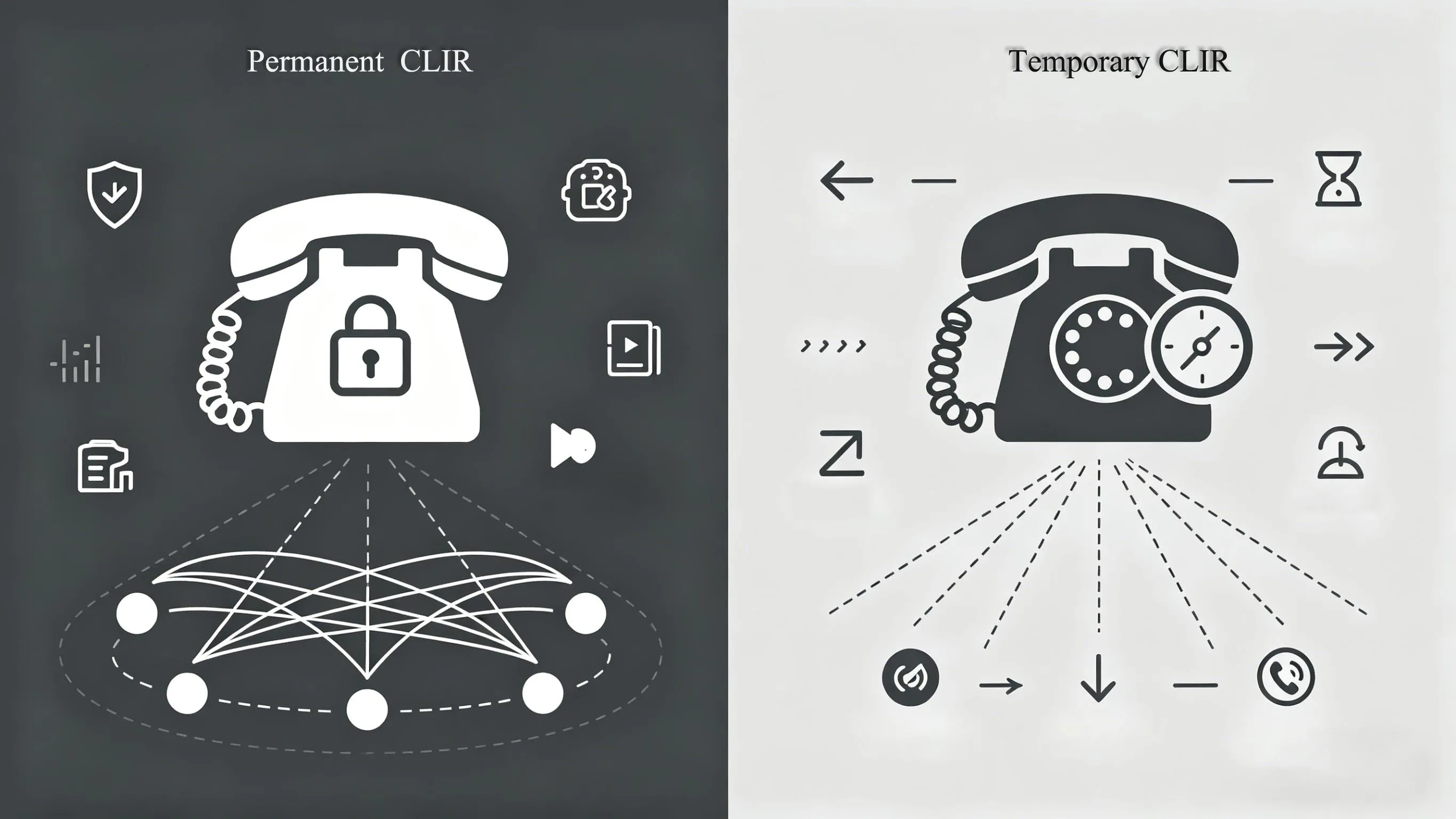 Imagem comparativa mostrando a restrição permanente do identificador de chamadas e a restrição por chamada em ambientes empresariais e de operadoras