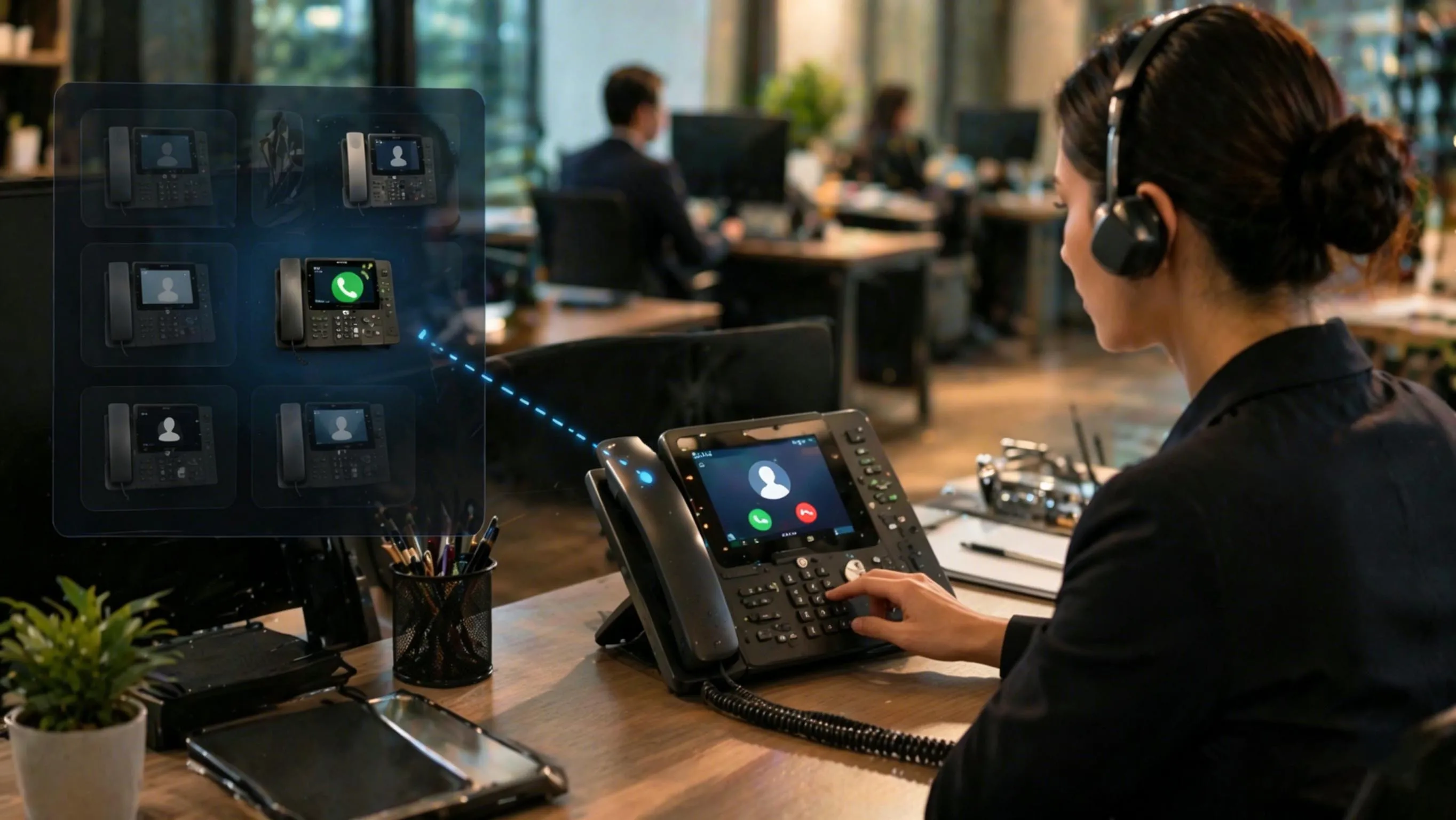 Fluxo de trabalho de captura de chamada mostrando uma extensão tocando, outro usuário autorizado ativando a captura e a PBX redirecionando a chamada para o telefone que atende