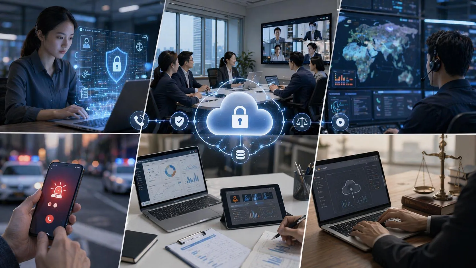 Estrutura de governança de comunicações em nuvem cobrindo segurança, conformidade, chamadas de emergência, retenção, gravações, políticas de IA e controle de PSTN
