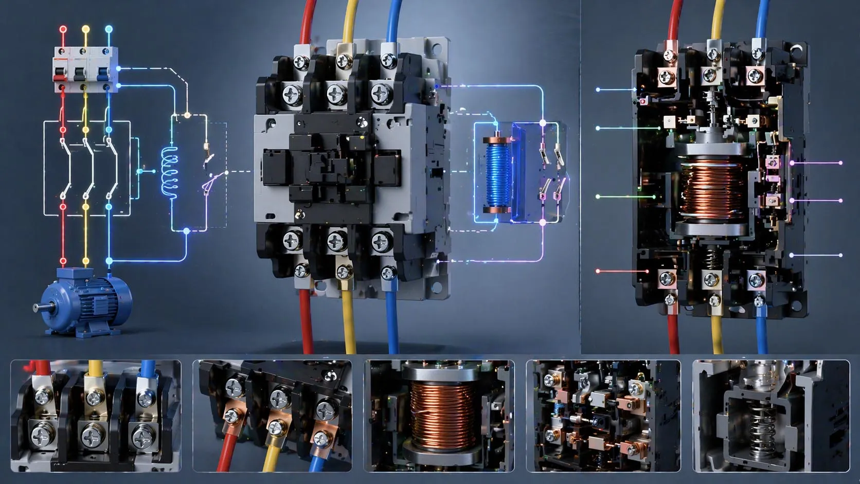 Identificação dos terminais de um contator CA com terminais de bobina A1 A2 terminais principais de potência e marcações de contatos auxiliares em um contator industrial padrão