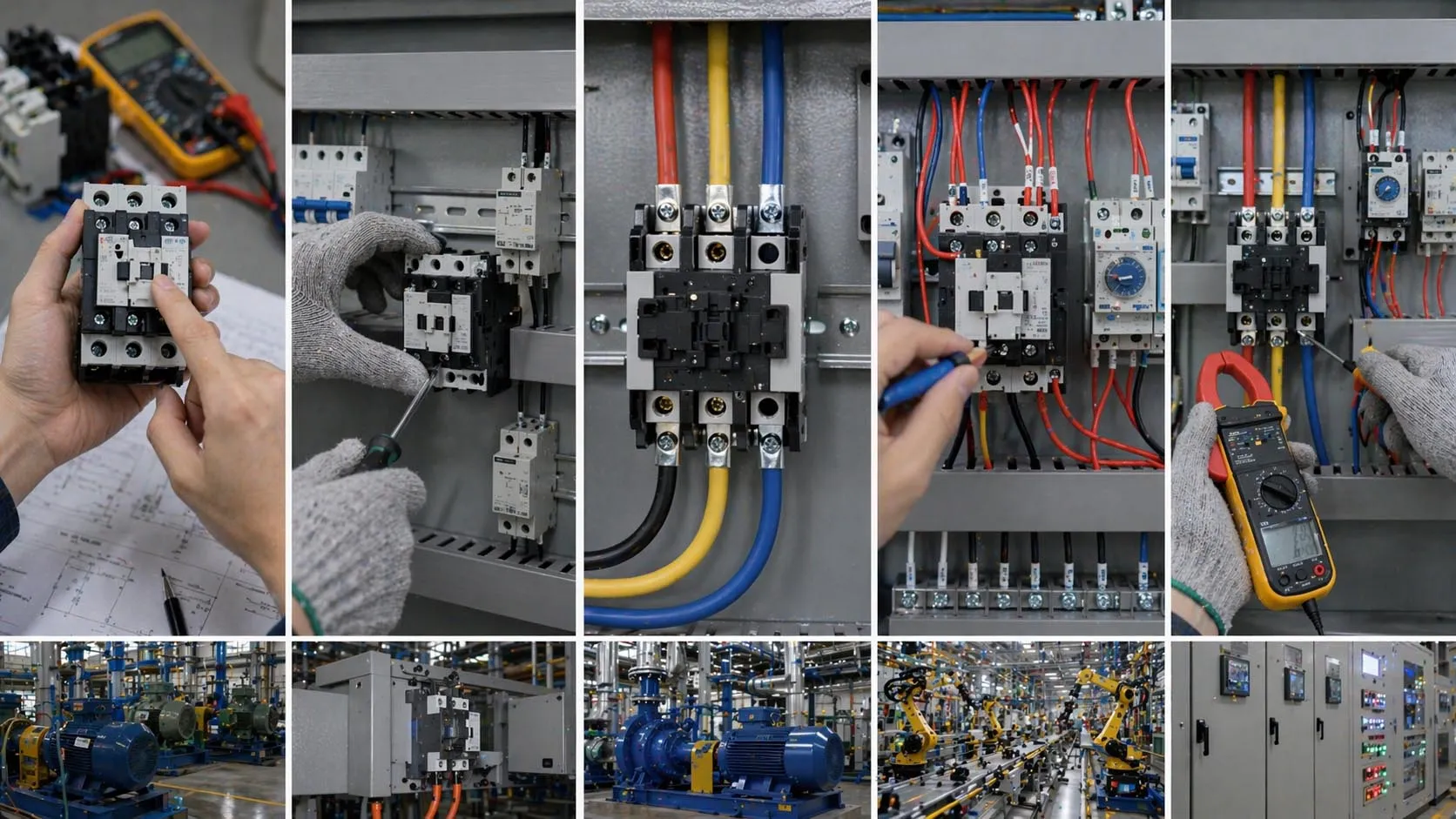 Etapas de instalação de um contator CA com montagem de equipamentos ligação de potência ligação do circuito de controle inspeção e comissionamento em um painel de partida de motor