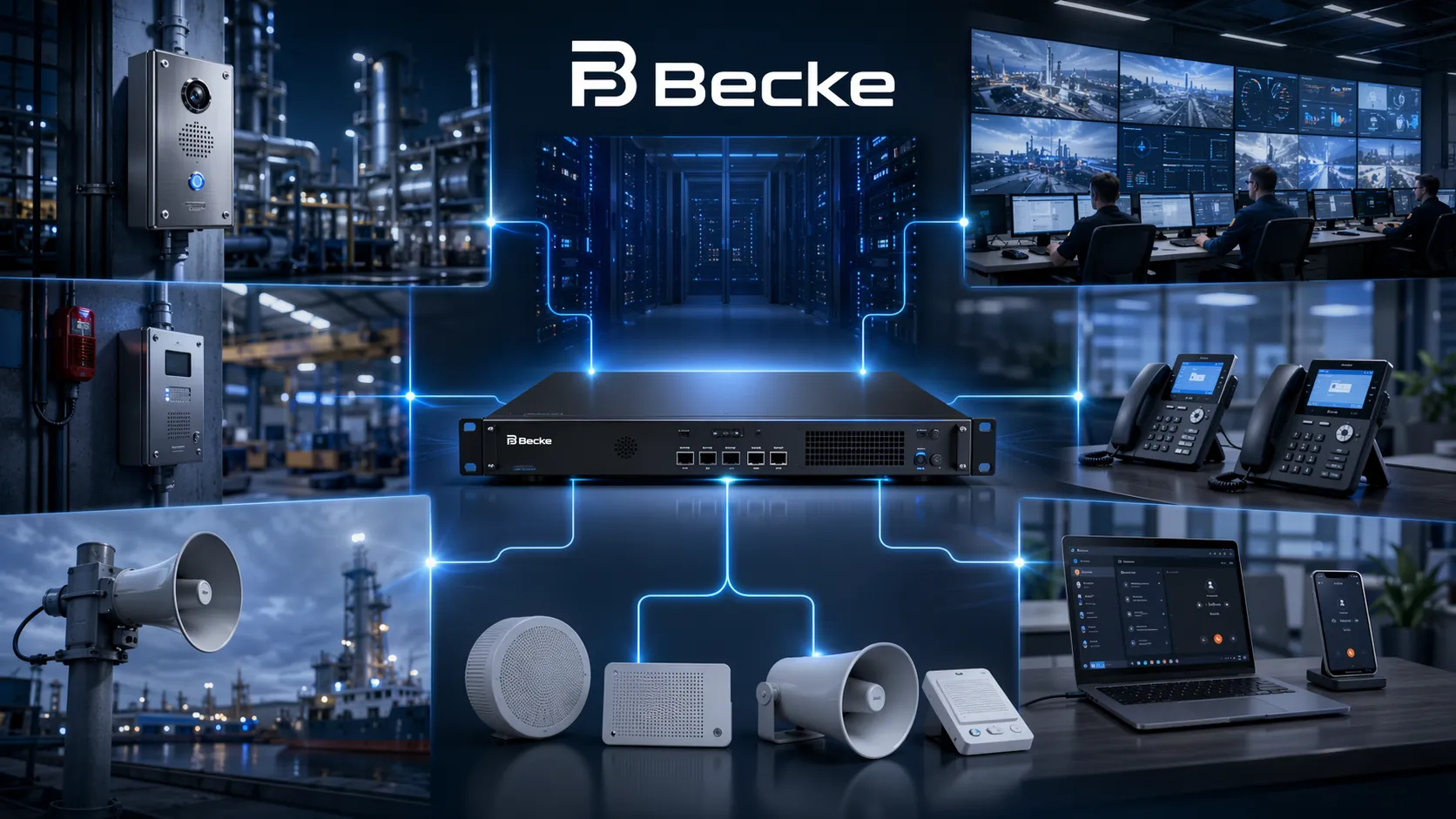 Software IPPBX industrial da Becke conectando ramais de escritório, interfones SIP, dispositivos de paginação e operadores de sala de controle