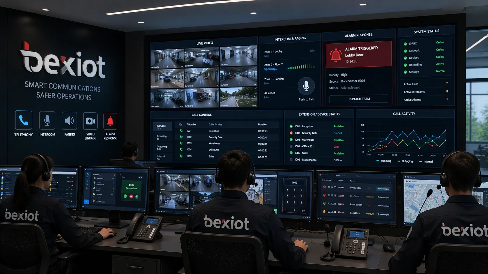 Sala de controle usando o software IPPBX da Becke para telefonia, interfone, paginação, videolink e resposta a alarmes