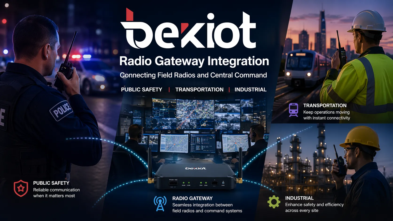 Equipes de segurança pública, transporte e indústria usando integração de gateway de rádio entre rádios de campo e comando central