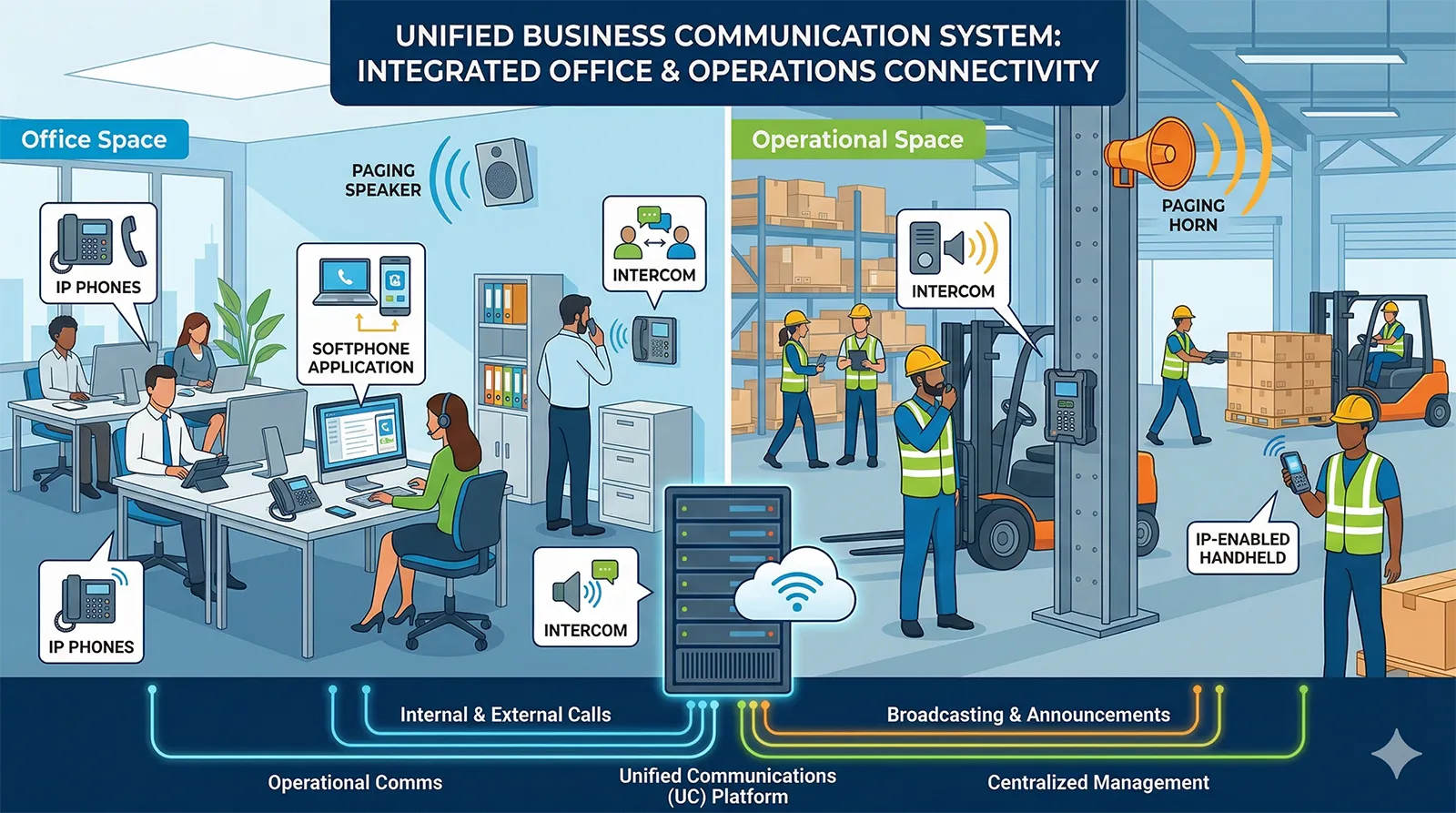 Sistema de comunicação empresarial combinando telefones IP, softphones, paginação e interfone em espaços de escritório e operacionais